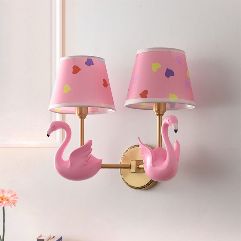 Empire Shade Bedside Wall Lamp Patterned Fabric Kids Wall Light Fixture with Resin Swan