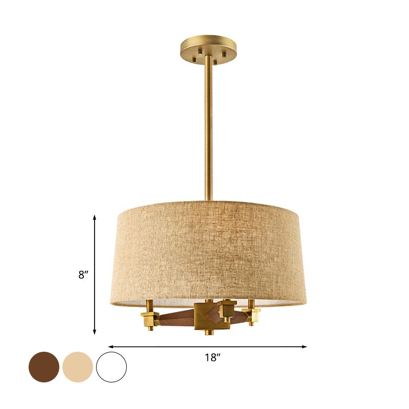 Drum Bedroom Hanging Chandelier Farmhouse Fabric 3 Bulbs White/Light Wood/Dark Wood Ceiling Suspension Light