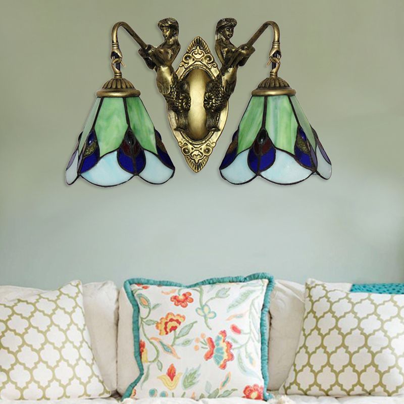 Yellow 2 Heads Wall Mount Light Tiffany Green Glass Cone Sconce Light Fixture with Mermaid Decoration