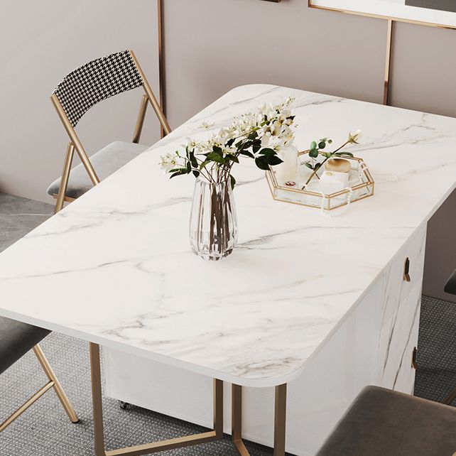 Contemporary Rectangle Dining Table Sintered Stone Drop-Leaf Table with Metal Base for Dining Room