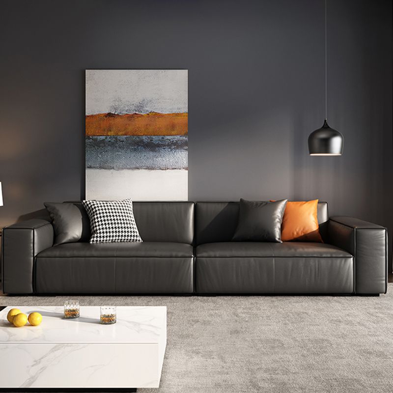 Modern Square Arm Sectional, Genuine Leather Sectional Couch in Black