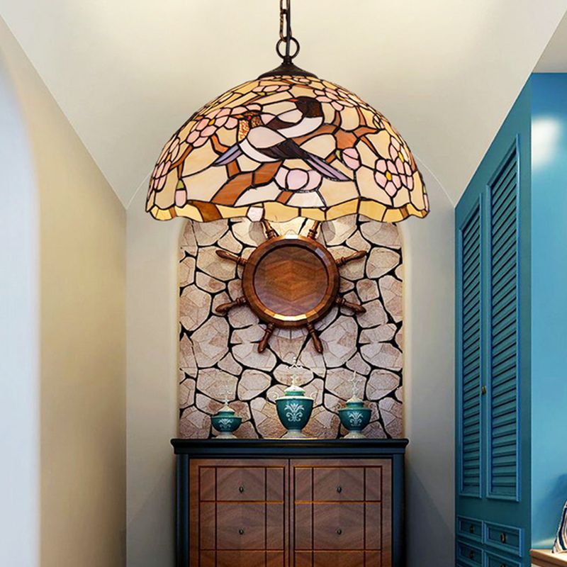 White Tropical Bird Hanging Pendant Victorian 1 Light Stained Art Glass Ceiling Lamp