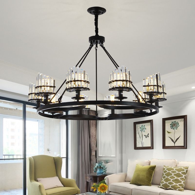 Kreisförmige Kristallstangen Kronleuchter Vintage Wohnzimmer Hanging Anhängerlampe in Schwarz