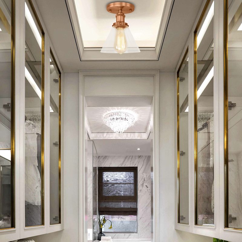 Single Bulb Semi-Flush Mount Industrial Conical Clear Glass Ceiling Light in Black / Brass / Copper