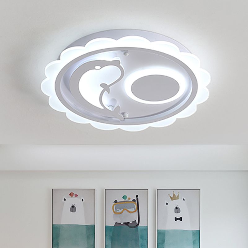 Dolphin Thin Ceiling Light Fixture Kids Style Acrylic White LED Flushmount Lighting with Scalloped Edge, Warm/White Light