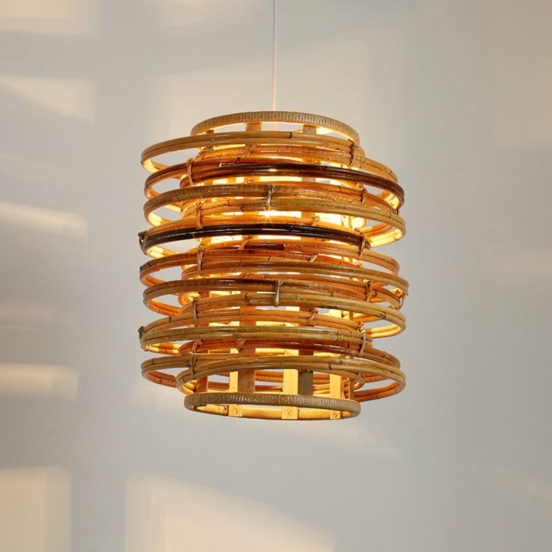 Curl Bound Ceiling Light Asian Style Rattan 1 Bulb Restaurant Hanging Light in Wood