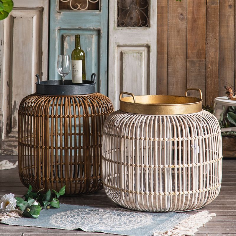 Tray Top Side Accent Table Rustic Metal and Rattan Drum End Table