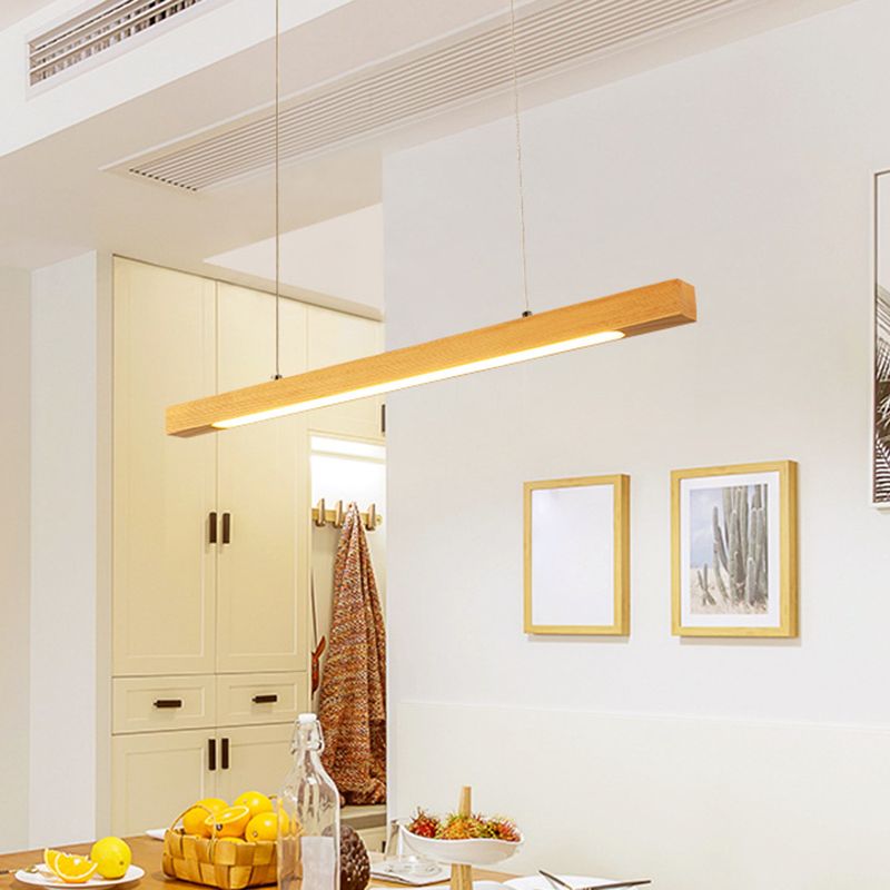 Simple Linear Island Pendant Light Wood Hanging Lamp in Natural Wood