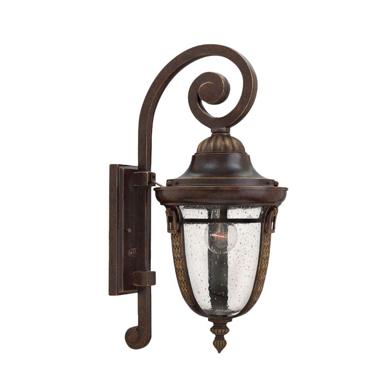 Scrolling Arm Metal Wall Lamp Rustic 1 Light Outdoor Sconce in Bronze with Seedy Glass Shade