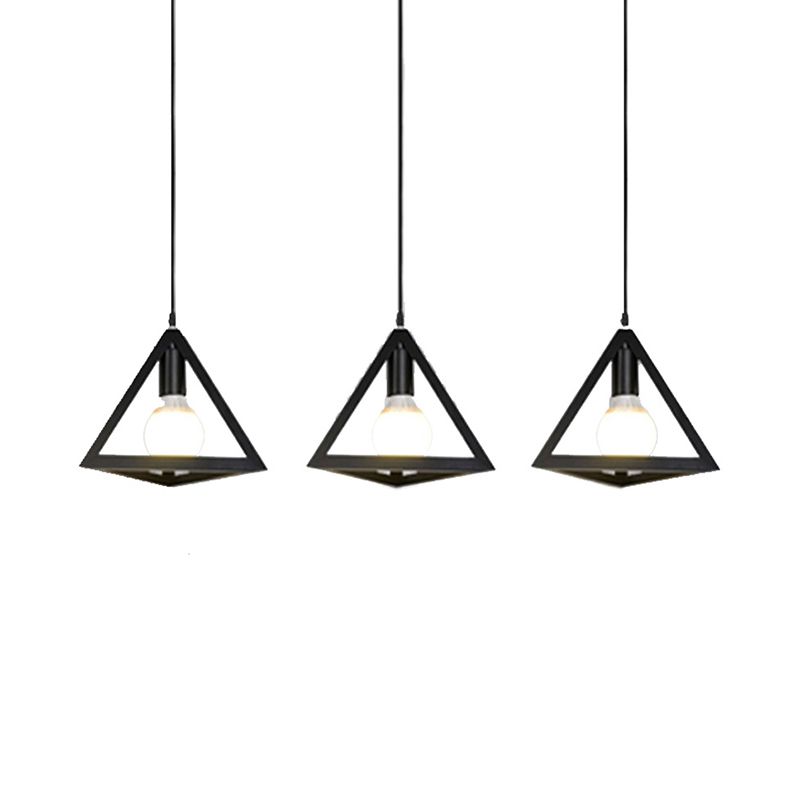 3 Heads Hanging Lamp Retro Industrial Triangle Metallic Pendant Lighting with Wire Guard and Linear/Round Canopy in Black/White