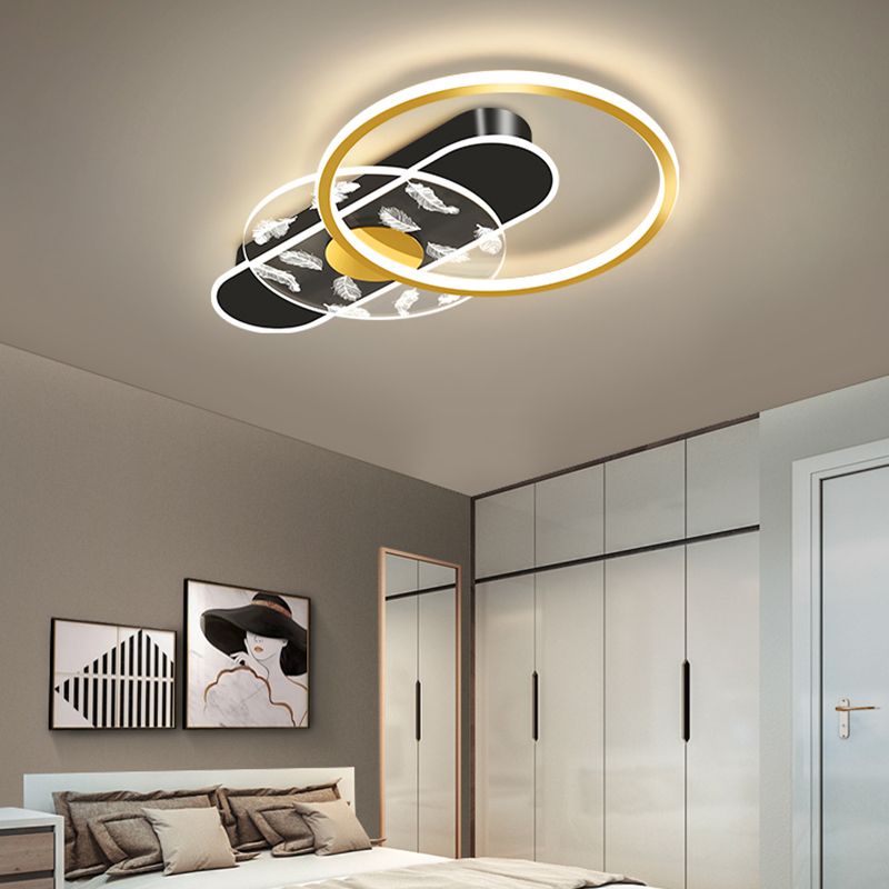 Black and Gold LED Semi Flush Mount in Modern Concise Style Circular Feather Ceiling Light with Acrylic Shade