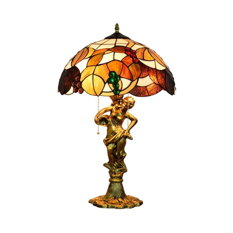 Resin Woman Carrying Pot Night Lamp Vintage 3 Bulbs Bronze Pull-Chain Table Lighting with Grapes Vine Tiffany Glass Shade