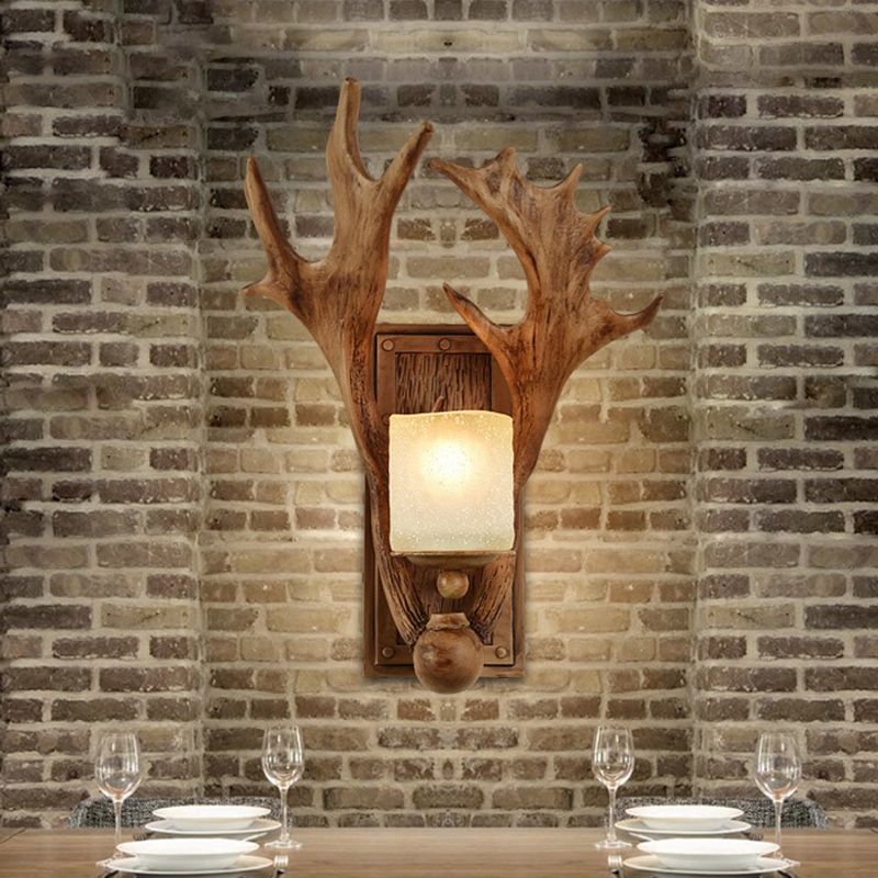 Resin Beige Sconce Light Fixture Elk 1-Light Rustic Wall Mounted Lighting for Dining Room with Wood Backplate