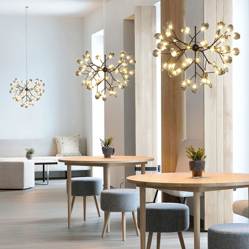Smoked Glass Branched Firefly Chandelier Lighting Minimalist LED Pendant Light in Black