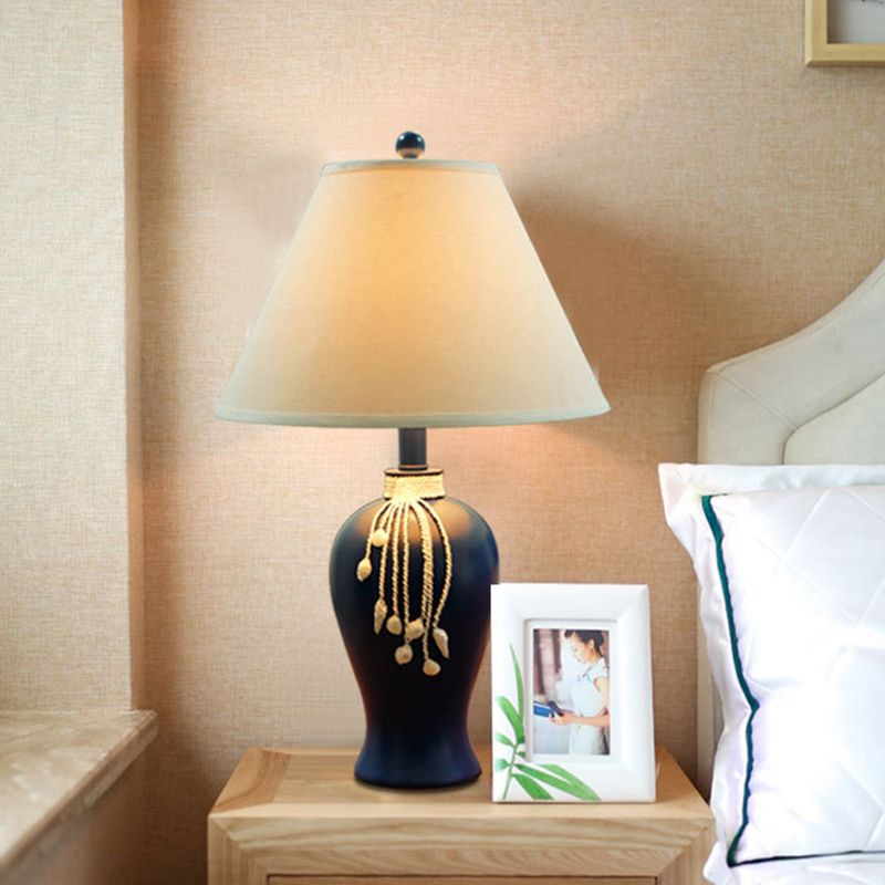 1-Light Fabric Night Lamp Rustic White Conic Bedroom Nightstand Light with Blue Ceramic Bottle Base