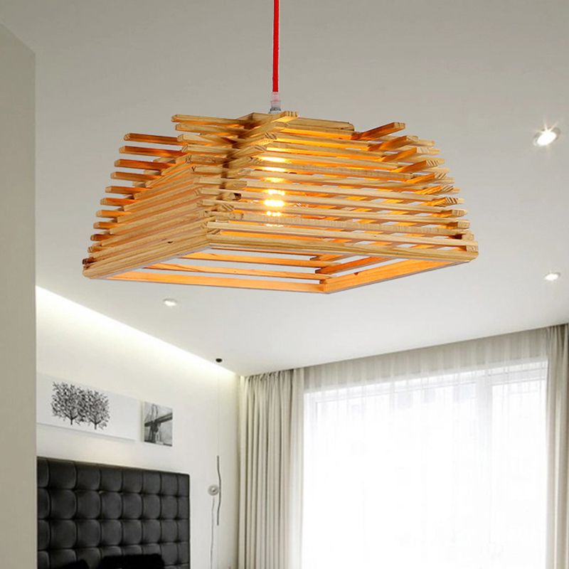 Lámpara colgante de beige de 1 luce de madera cuadrada cuadrada asiática con cable ajustable para sala de estar