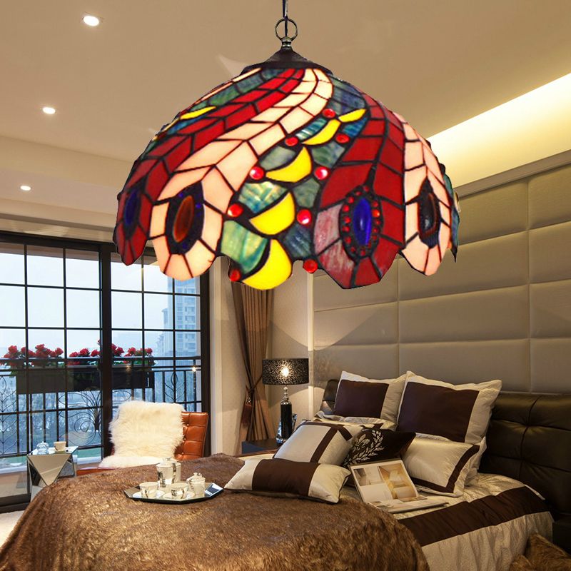 1 Bulb Peacock Ceiling Lamp Tiffany-Style Red Stained Glass Suspension Pendant Light