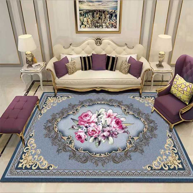 Traditional Flower Printed Carpet Polyester Area Rug Non-Slip Backing Indoor Carpet for Living Room
