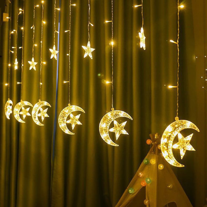 Moon and Star Curtain String Lamps Artistic Plastic 12-Head LED Festive Light