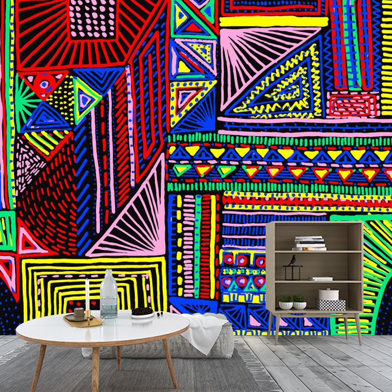 Bohemian Girls Wall Paper Murals with Geometric Element Rose Red-Blue-Green Wall Art