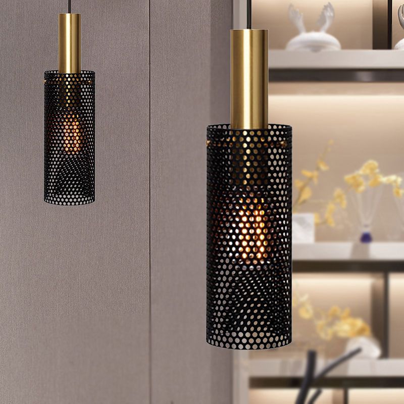 Hollow Design Cylinder Hanging Lamp Metal 1 Light Simple Mini Pendant in Black/White
