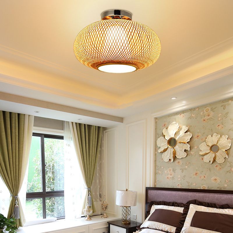 Lantaarn Semi Flush Mount Light Modernist Rattan Plafond Flush Mount voor slaapkamer
