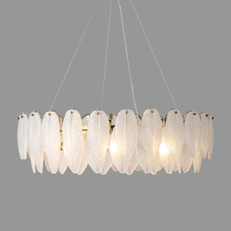 Gold Modern Metal Ceiling Lamp Feather Shape Island Light with Glass Shade for Living Room