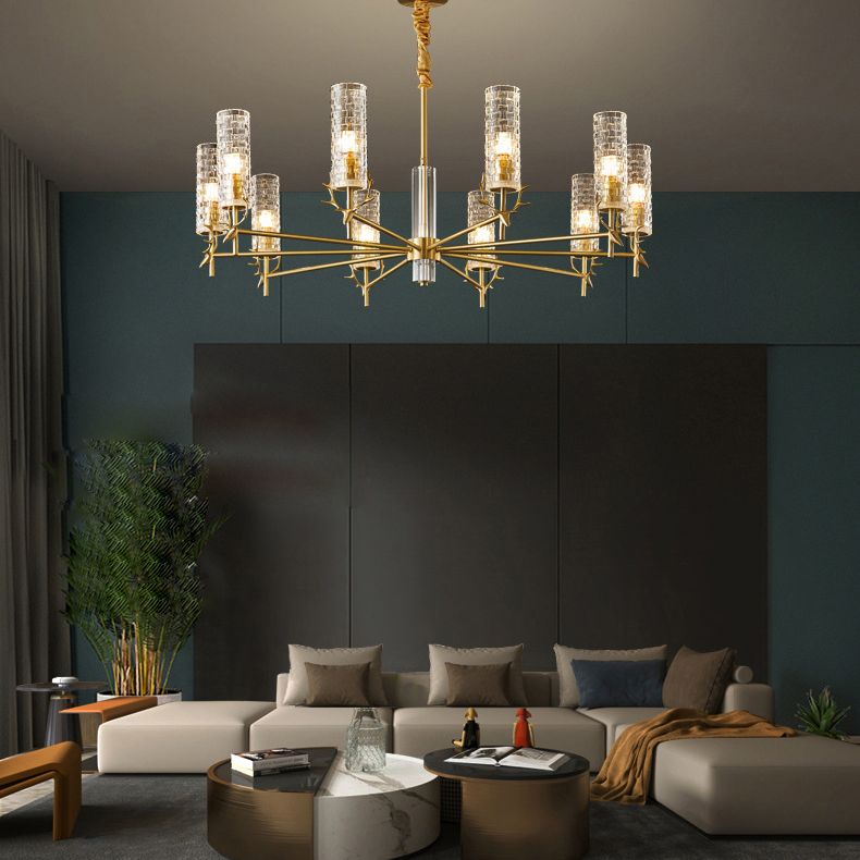 Gold Radial Pendant Light Mid-Century Cylindrical Clear Glass Suspension Light for Living Room