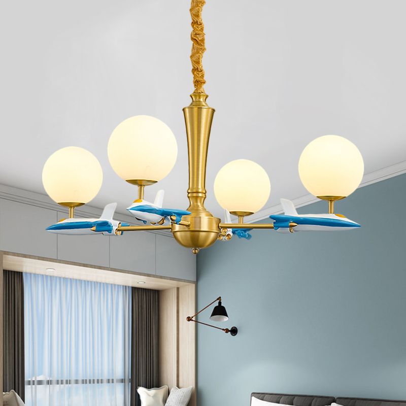 Kids Spherical Suspension Lamp Opaque Glass 4 Lights Nursery Chandelier Light with Airplane Deco in Blue