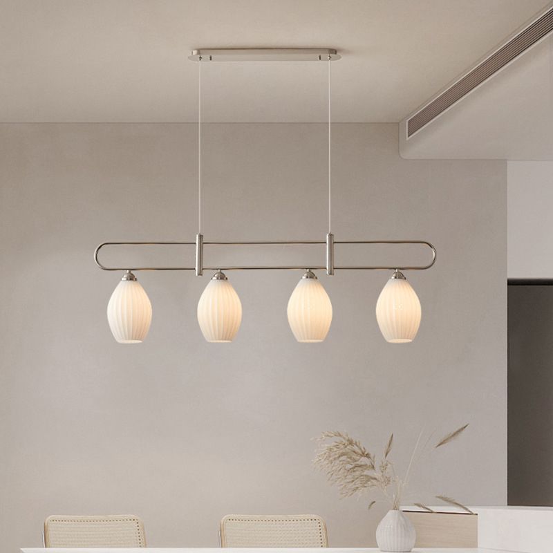Drum Shape Glass Island Chandelier Modern Style Multi Lights Island Ceiling Light in White