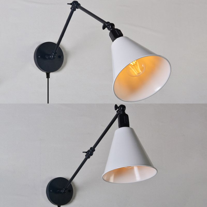 Swing Arm Metal Wall Light with Cone Shade and Plug-In Cord Industrial 1 Head Indoor Sconce Light in White
