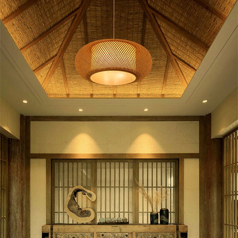 Chinese Drum Pendant Lighting Fixtures Rattan Hanging Light with Hanging Cord for Restaurant