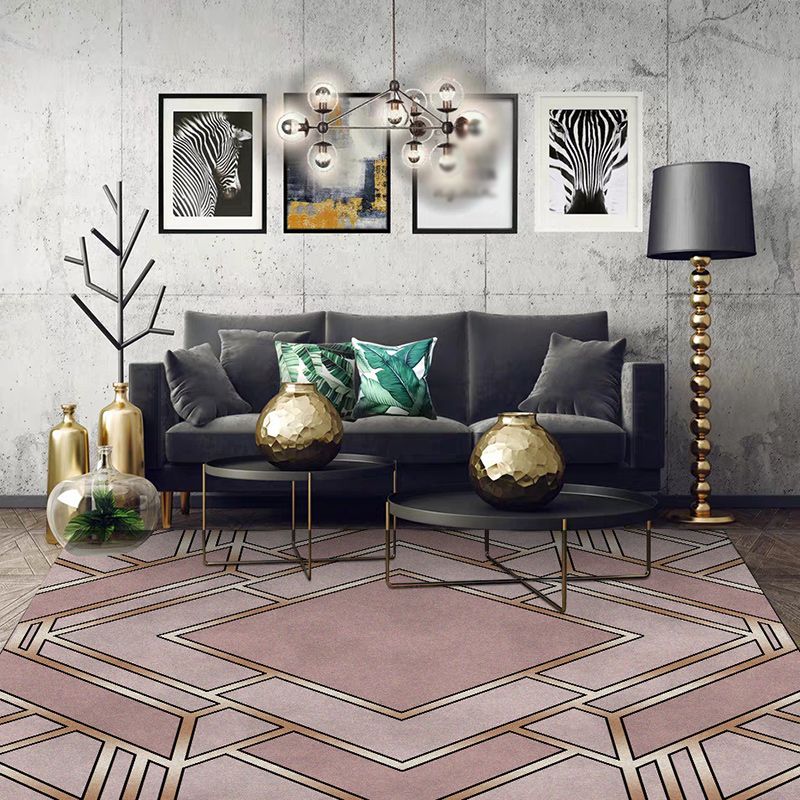 Nordic Geometric Print Rug Pink Polyester Rug Machine Washable Non-Slip Backing Area Rug for Bedroom