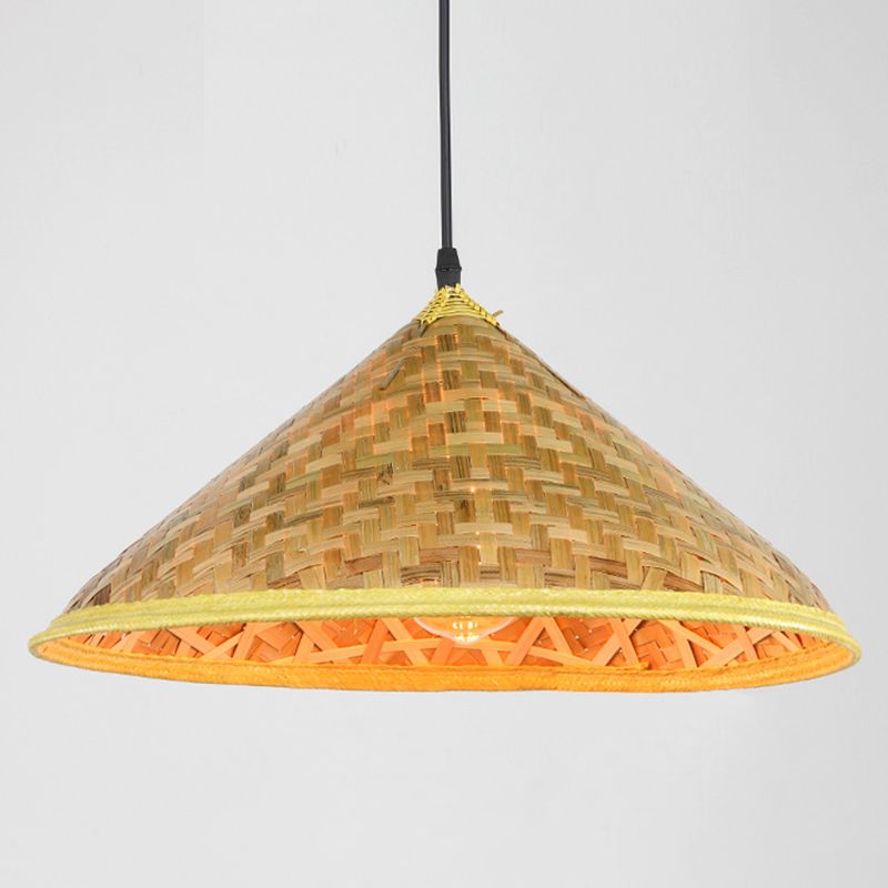 Asian Inspired Farmers Hat Pendant Bamboo Woven 1 Head Diner Ceiling Lamp in Wood