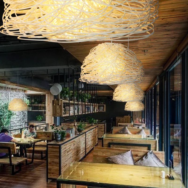 1 Bulb Tearoom Hanging Lamp Asian White Pendant Light Fixture with Domed Rattan Shade
