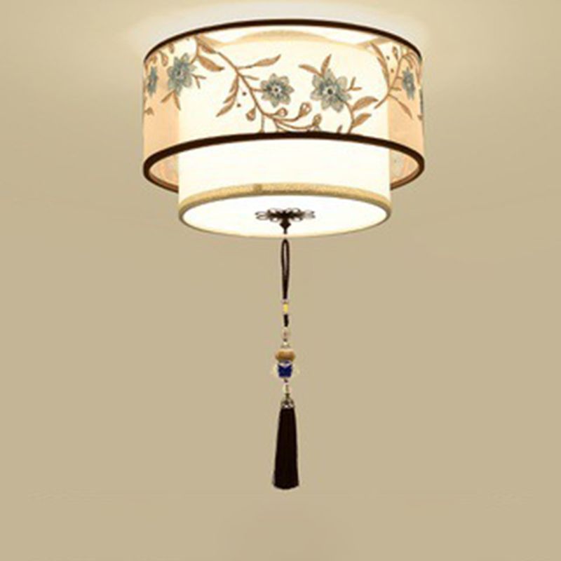 Geometric LED Ceiling Light in Traditional Classic Style Wrought Iron Flush Mount with Embroidered Fabric Shade