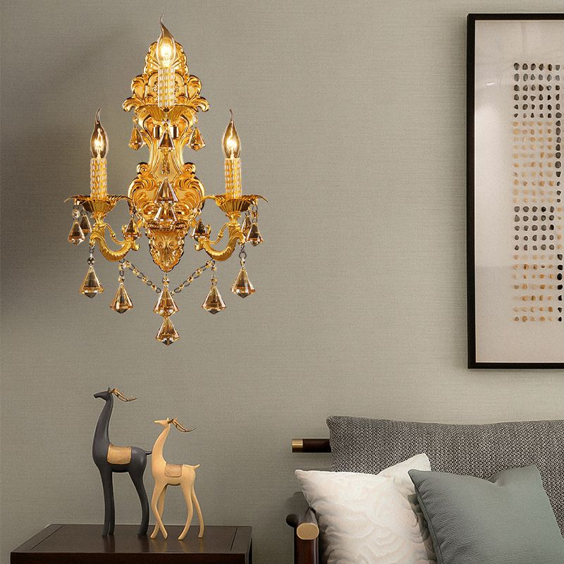 Gold Candelabra Wall Mount Light Traditional Metal 3 Heads Bedroom Sconce Light with Diamond Shape Crystal Decoration