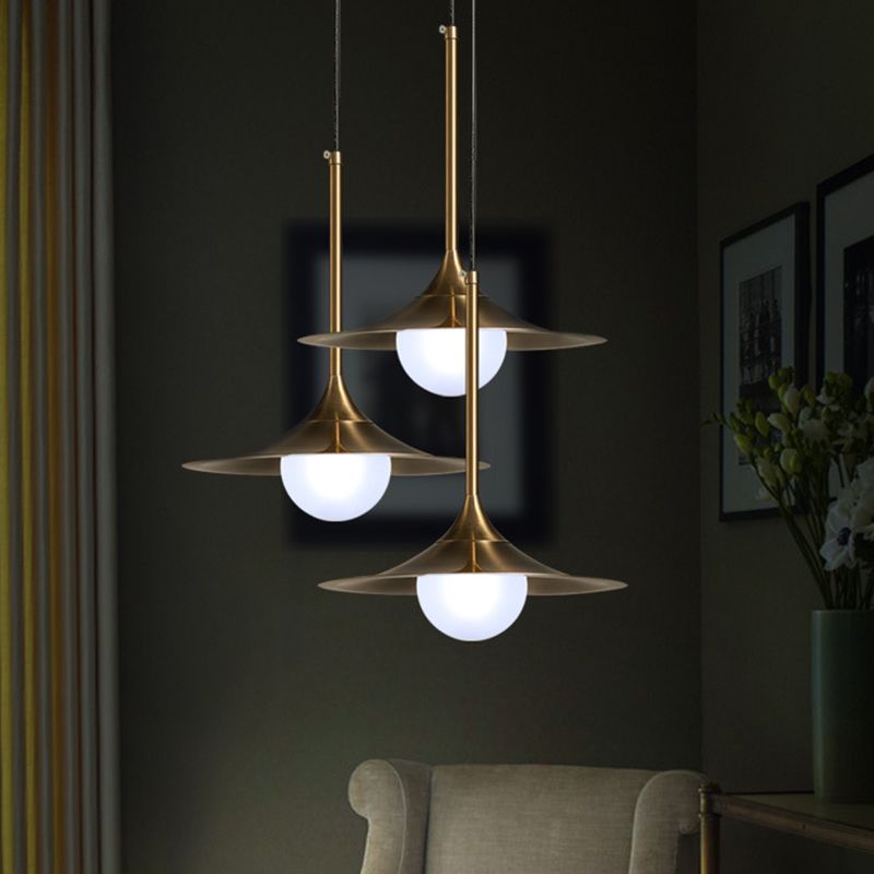 Iron Horn Shape Down Lighting Modernism 1 Head Ceiling Lamp Fixture in Brass with Orb Milk Glass Shade
