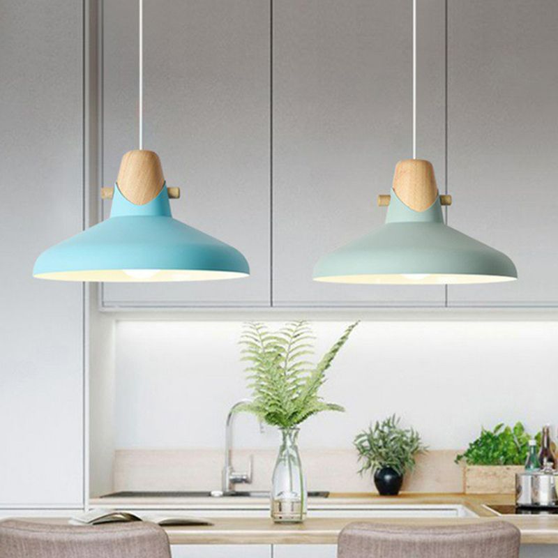 Restaurant effilé Plafond Light Metal Metal 1 Bulbe Macaron Pendant Lumière avec décor en bois