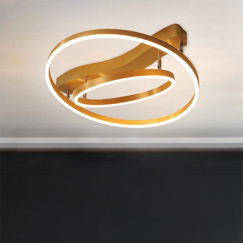 Round Semi Flush Mount Modernist Acrylic LED Gold Flush Light with Rectangle Canopy in Warm/White Light
