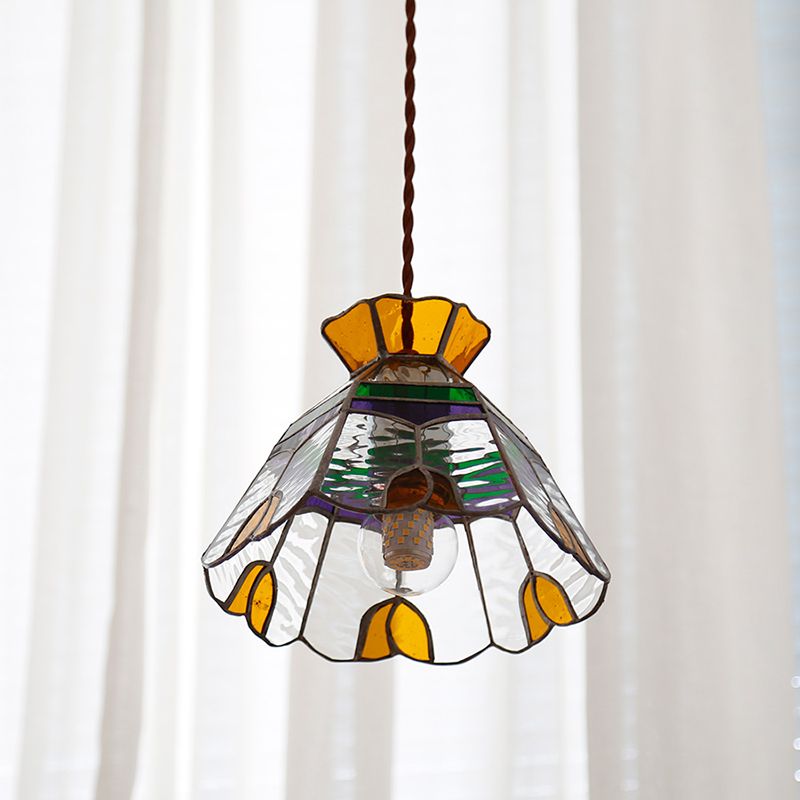 1-Light Bell Hanging Lamp Tiffany Coffee Finish Stained Glass Pendant for Dining Room