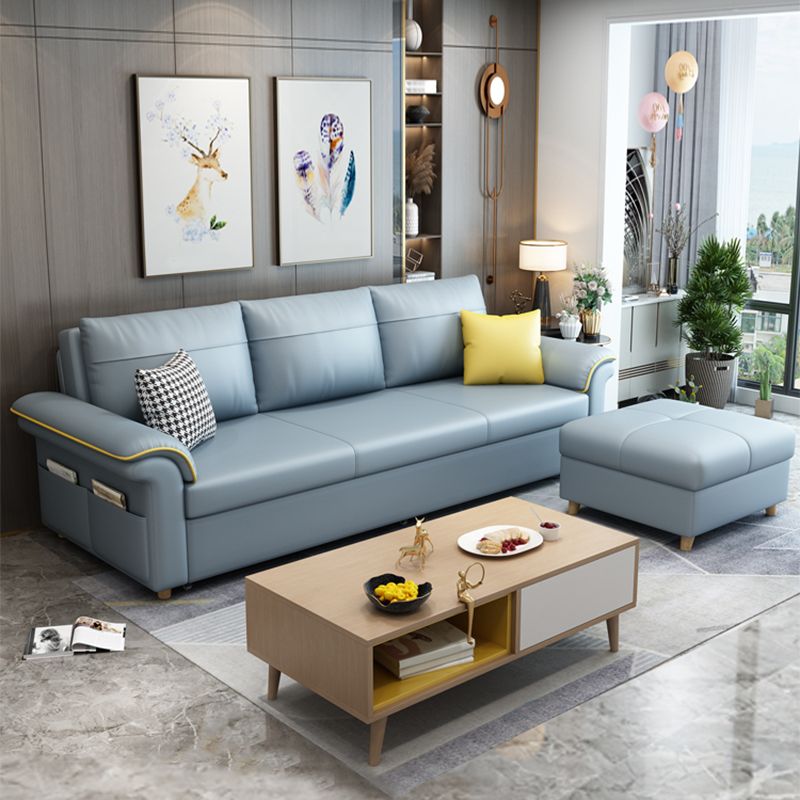 Blue Faux Leather Sleeper Sofa with Storage Scandinavian Sofa Bed