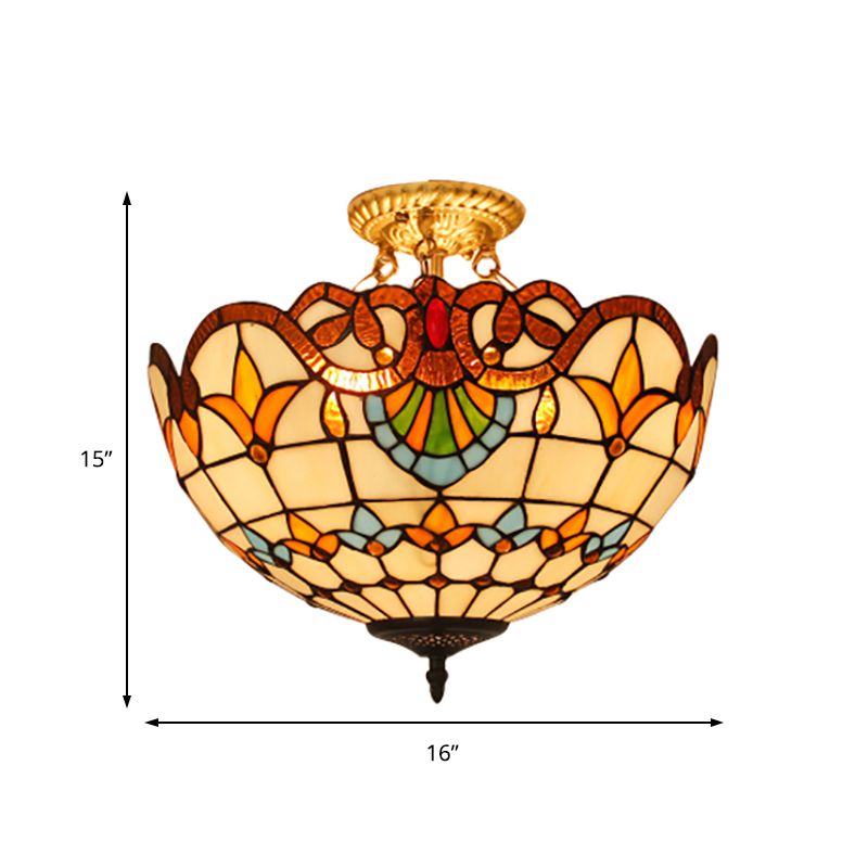 Ciotola semi -filo leggera in stile vittoriano in vetro colorato 3 luci semifulto in blu/marrone per foyer