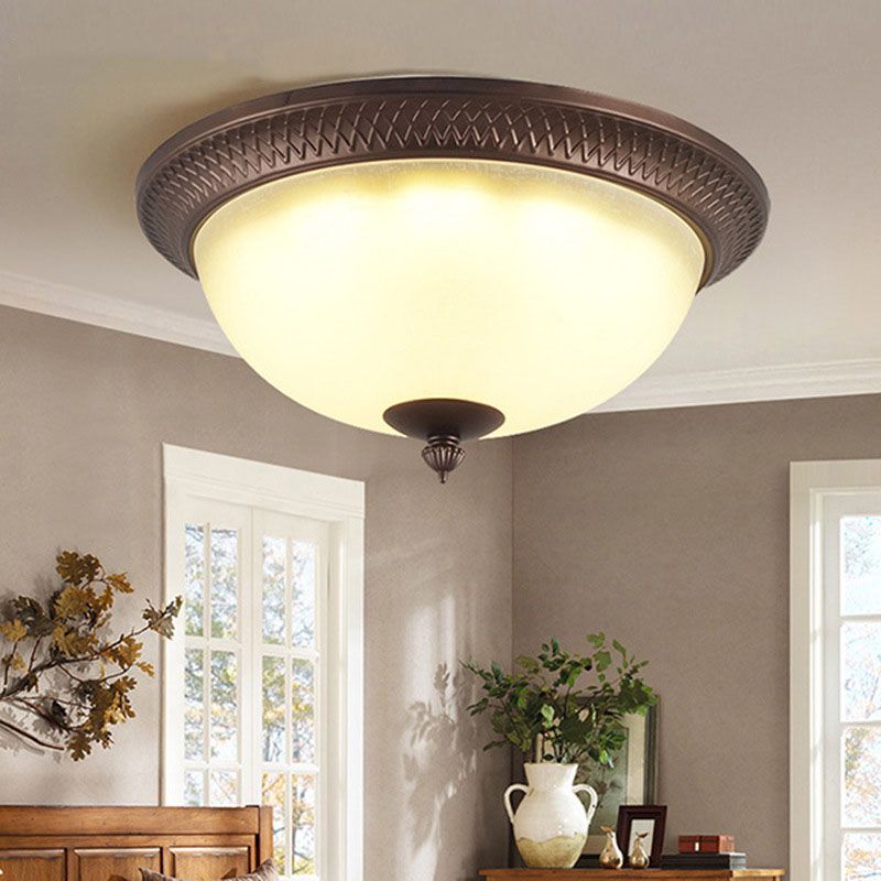 Brown Bowl Ceiling Fixture in Traditional Creative Style Wrought Iron Flush Mount with Glass Shade