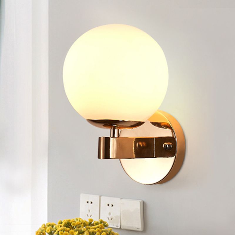Single Bulb Wall Mounted Light with Sphere Opaline Glass Vintage Style Bedroom Wall Sconce in Chrome/Gold