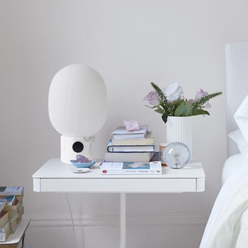Modern Egg Shaped Table Lighting Opal Glass Bedside Nightstand Lamp with Marble Base in White