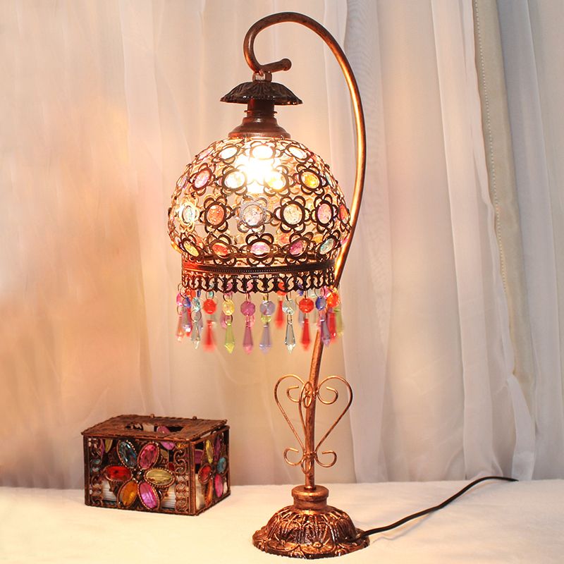 Bohemian Globe/Dome Night Table Lamp 1 Bulb Metal Task Lighting in Red/Brass for Living Room