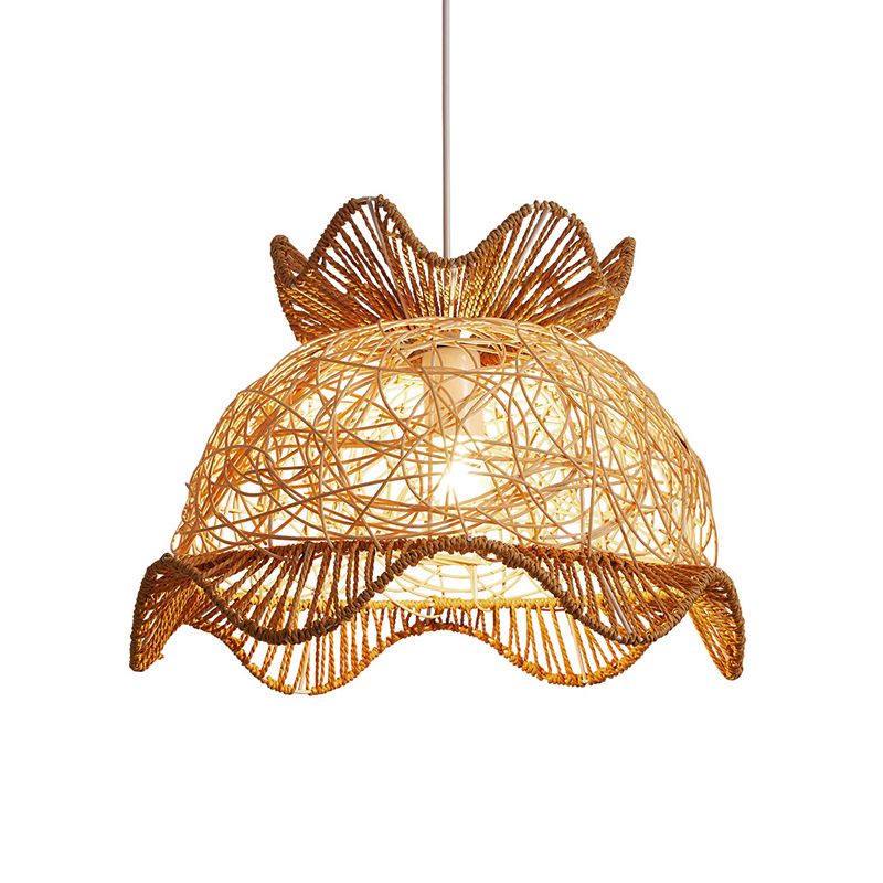 Wood Scalloped Ceiling Light Asian Style 1 Head Rattan Hanging Lamp for Restaurant