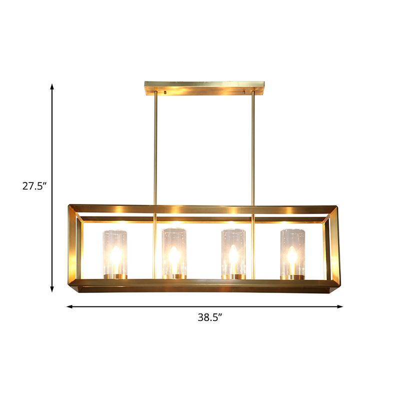 3/4 Bulbs Island Ceiling Light Colonial Cylindrical Clear Glass Suspension Lamp in Gold with Rectangle Metal Cage