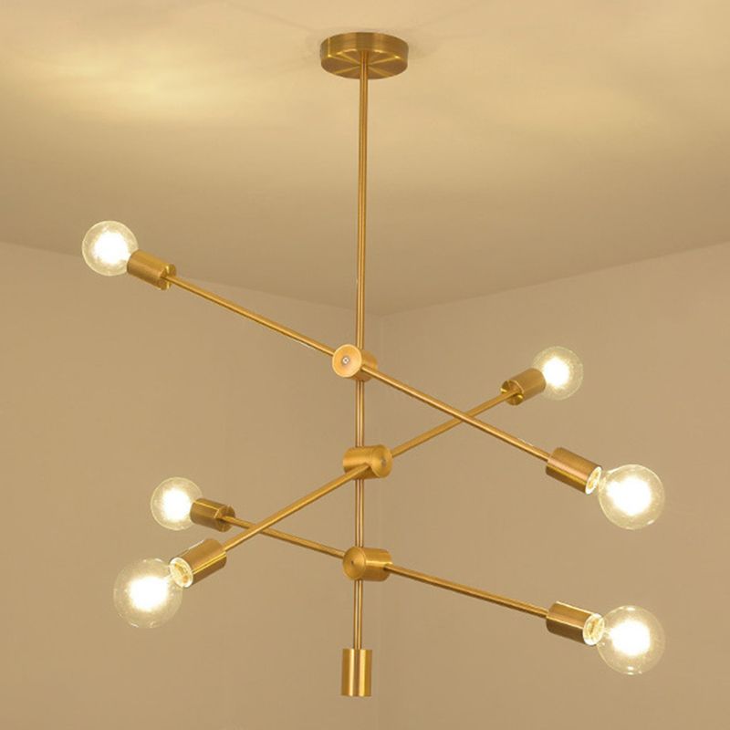 Postmodern Geometric Lines Chandelier Lamp Metal Bedroom Hanging Light in Gold with Transparent Glass Shade